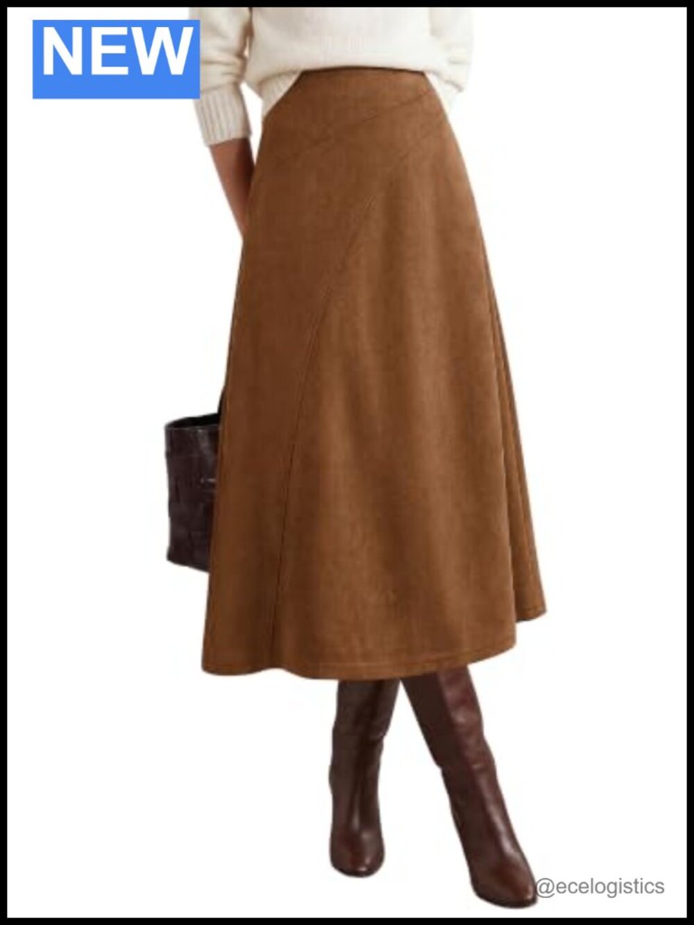 Women Faux Suede Midi A-Line Skirt High Waist Fall Winter